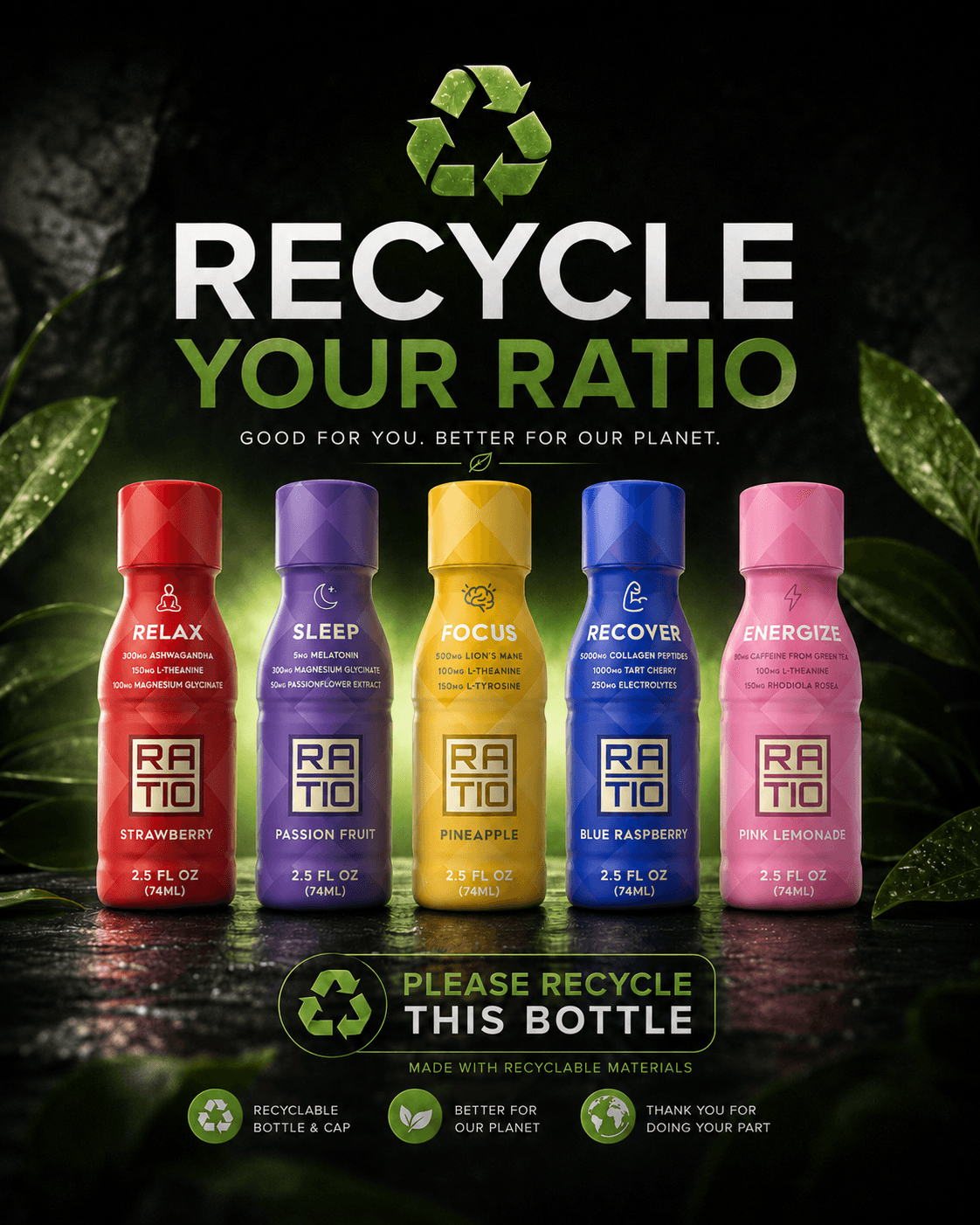 Recycle Your Ratio — good for you, better for our planet. All five Ratio shots with a please-recycle-this-bottle notice.