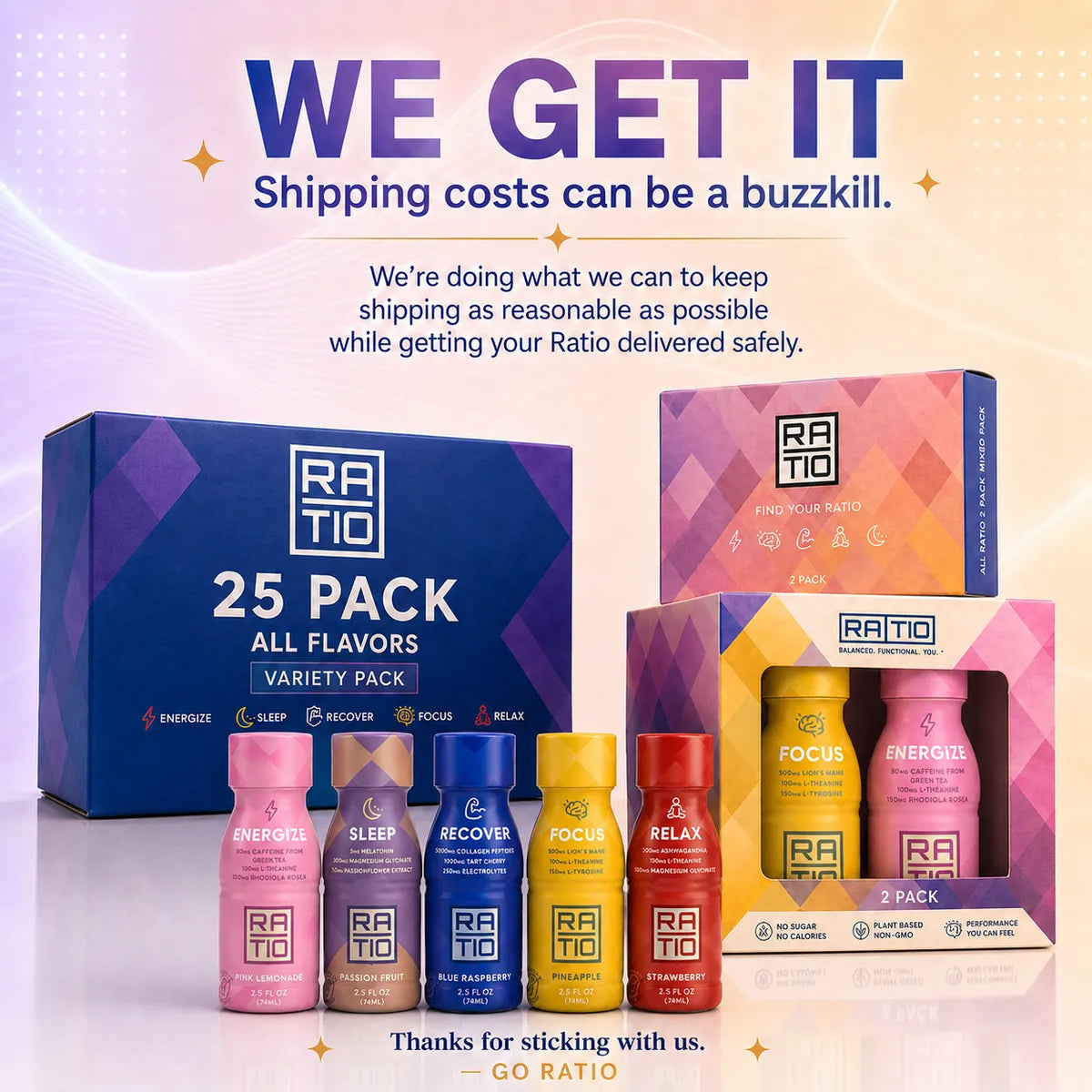 We get it — shipping costs kind of suck. We can't eliminate shipping, but we're working hard to make it hurt less. — Team Ratio